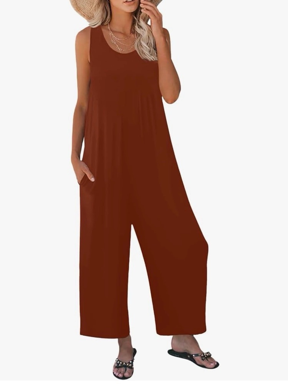 WomenSleeveless Wide-Leg Tank Jumpsuit in Rust -XL